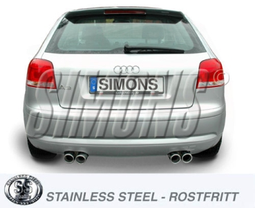 Simons 3 Zoll Duplex Edelstahl Sport Endschalldämpfer für Audi A3 (8P) 2WD 1,4TFSi/2,0TFSi ab Bj. 04- Endrohr 4x80mm