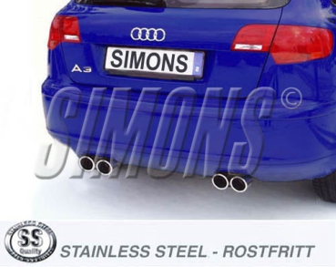 Simons 3 Zoll Duplex Edelstahl Sport Auspuffanlage für Audi A3 (8PA) 2WD Sportback 2,0TFSi ab Bj. 04- Endrohr 4x80mm