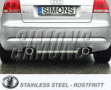Simons 3 Zoll Duplex Edelstahl Sport Auspuffanlage für Audi A3 (8P) 2WD 1,4TFSi/2,0TFSi ab Bj.04- Endrohr 2x100mm