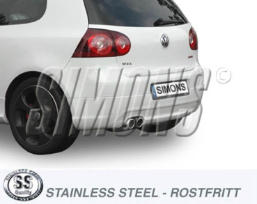 Simons 3 Zoll Edelstahl Sport Endschalldämpfer für VW Golf V GTi/GTi Edition 30 (2,0TFSi) ab Bj.04- Golf V 1,4TSi/1,4TSi GT ab Bj. 07- Golf VI 1,4TSi/1,8TSi ab Bj.09- Endrohr 2x80mm