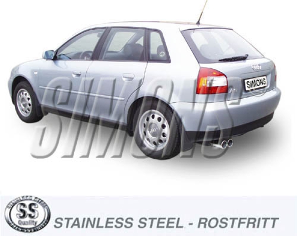 Simons 2,5 Zoll Edelstahl Sport Auspuffanlage für Audi A3 (8L) Turbo 1,8T/1.8Ti/1,9TDi Bj.96-5/03 Endrohr 2x80mm